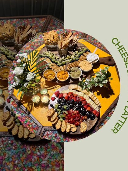 This custom cheese board platter was designed for a housewarming party, featuring an array of crackers, dips, olives, and fresh fruits. It’s a perfect icebreaker for guests to gather around.