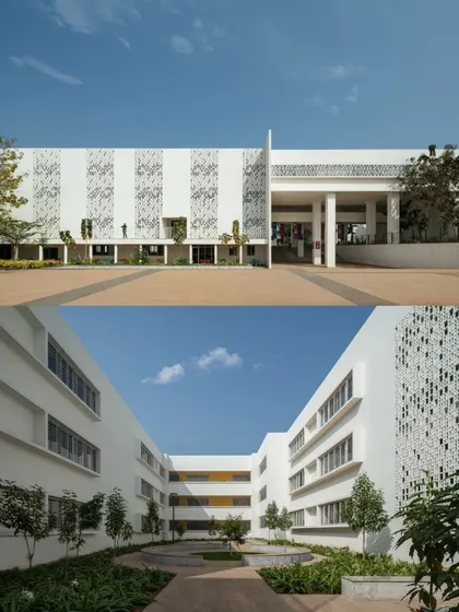 A composite image showing different views of Vidyashilp Academy. It illustrates the consistent design language of clean white walls, perforated screens, and integrated courtyards that define this award-winning school campus.