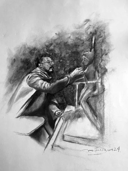 'मूर्ति' (Murti). This is a live charcoal sketch of a sculptor at work. I wanted to capture the act of creation itself, showing the artist's focus as he gives form to his art.