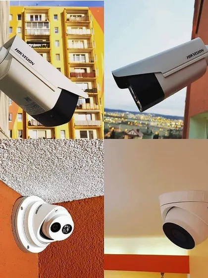 A collage showing various Hikvision camera installations, including bullet and turret models, in different outdoor and indoor settings.