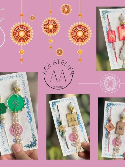 This collage showcases the variety in my Rakhi and Lumba collection. From traditional tassels to modern geometric shapes, each set is handcrafted with care.