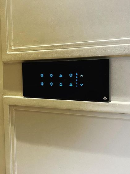 This image shows a recent installation of one of our 20-module smart switches. It demonstrates how we can consolidate control for an entire room or area onto a single panel, managing multiple lights, dimmers, and appliances from one location. This was installed in an existing home with no rewiring.