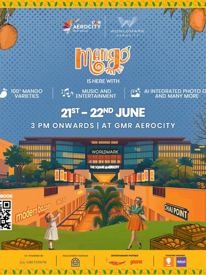 A comprehensive visual for Mango Fest 2.0, showcasing the venue at The Square and detailing the key attractions like 100+ mango varieties and live music, ensuring it's an unmissable event.