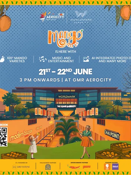 A comprehensive visual for Mango Fest 2.0, showcasing the venue at The Square and detailing the key attractions like 100+ mango varieties and live music, ensuring it's an unmissable event.
