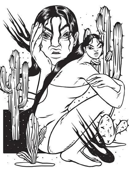 The original ink version of the "Anger/Abrasion" illustration. This black and white artwork emphasizes the sharp, aggressive textures of the cacti and the tense expressions of the figures, showcasing the power of pure linework.