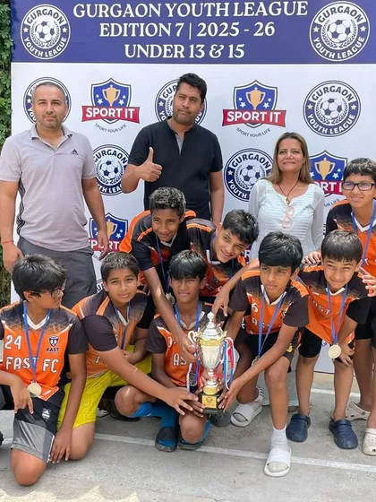 Our U13 Blue team with coaches and parents, celebrating their runners up finish in the Gurgaon Youth League. The support of our community is vital to our success.