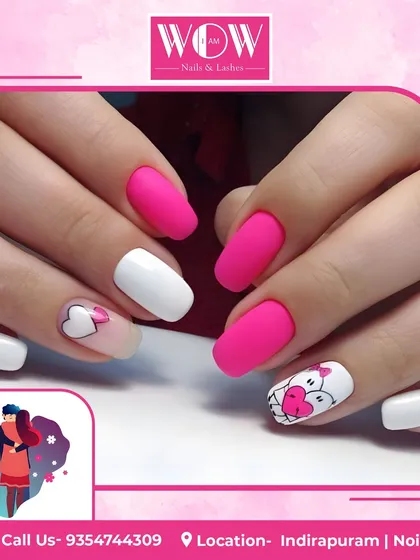 A fun and romantic set for Hug Day. This design features a matte hot pink and white base with cute, cartoon-style heart and character art.
