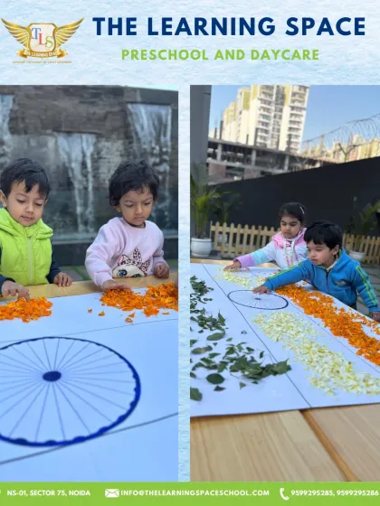 A closer view of the flower petal flag activity. Children learn about the colors of the national flag and what they represent while engaging in a tactile experience.