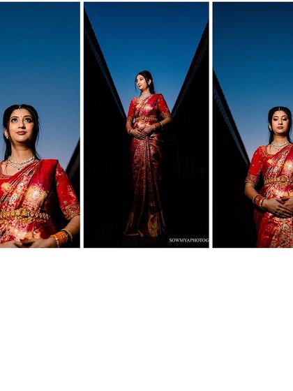 A triptych of a bride in a stunning red saree against a deep blue sky. The composition is modern, bold, and highly artistic.