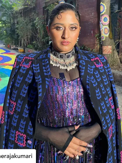 A full shot of Raja Kumari's powerful look, completed by the custom nails.