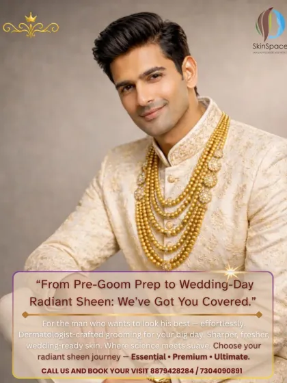 We believe grooms deserve to look and feel their absolute best too. This visual introduces our dedicated Groom Glow Collection, with custom-crafted programs that ensure sharp, fresh, and wedding-ready skin. We cover everything from pre-groom prep to achieving that final radiant sheen.