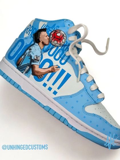 The iconic "AGUEROOOO!!!" moment immortalized on a pair of custom dunks. A tribute to one of the greatest moments in Premier League history.
