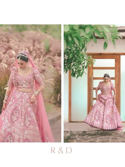 A closer look at the beautiful details of our Montreal bride's look. Every element, from the gota patti work on her pink lehenga to the delicate jewelry, was selected and coordinated virtually to create this stunning result.