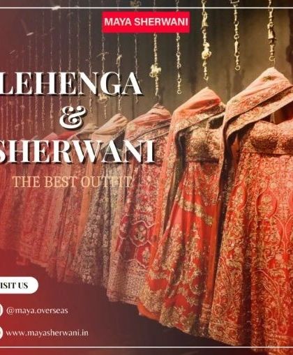 My store has a vast collection of lehengas and sherwanis ready for you. This image shows a rack of my handpicked bridal lehengas, each with unique embroidery and design, waiting for you to try on.