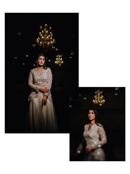A stylish collage of the bride, showcasing her elegance and poise in a beautifully lit setting.