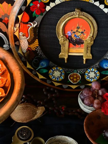 The Shani (Saturn) frame, presented in a solemn, respectful arrangement. The artwork reflects Shani's association with karma, justice, and discipline, using a darker palette and powerful symbols like the vulture and tortoise.