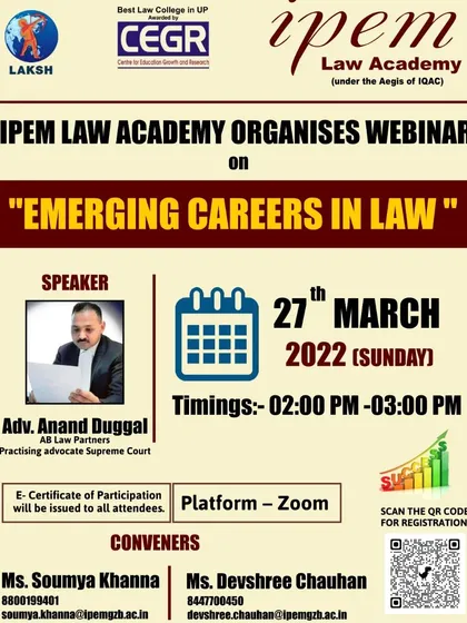 I was honored to be invited as a speaker by IPEM Law Academy for a webinar on "Emerging Careers in Law." Sharing my insights with aspiring legal professionals is a part of my commitment to legal education.