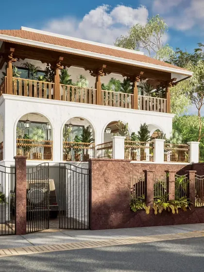 This render of a seaside villa combines traditional and modern elements. We captured the texture of the rustic boundary wall, the warmth of the wooden balcony, and the bright, airy feel of a coastal home.