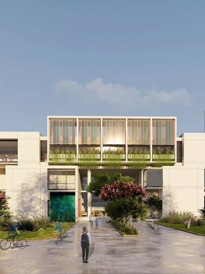 A rendering of the Brilliant National School, designed to be a vibrant and stimulating environment for learning. The facade incorporates colorful fins and green planters, creating a playful and welcoming appearance.