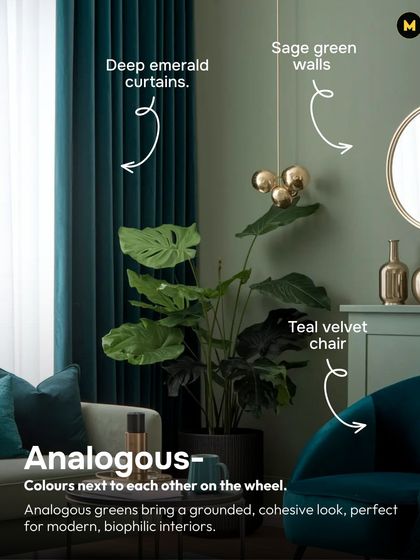 This living room uses an analogous color scheme with various shades of green, from deep emerald curtains to sage green walls and a teal velvet chair. This creates a grounded, cohesive look perfect for modern, biophilic interiors.