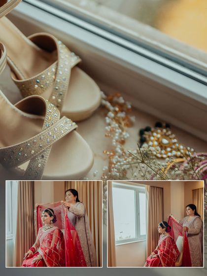 A collage focusing on the bridal details: her stunning shoes, and the touching moment of her mother helping her with the veil.