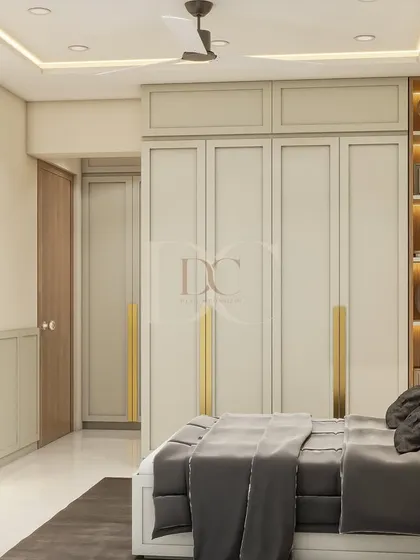 Another angle of the transformed bedroom, showcasing the floor-to-ceiling wardrobe with elegant long handles and an open display shelf with integrated lighting for trophies and decor.