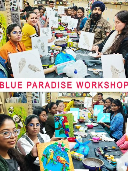 Before and after shots from our "Blue Paradise" clay workshop, showing the progression from unpainted clay models to vibrant finished artworks.