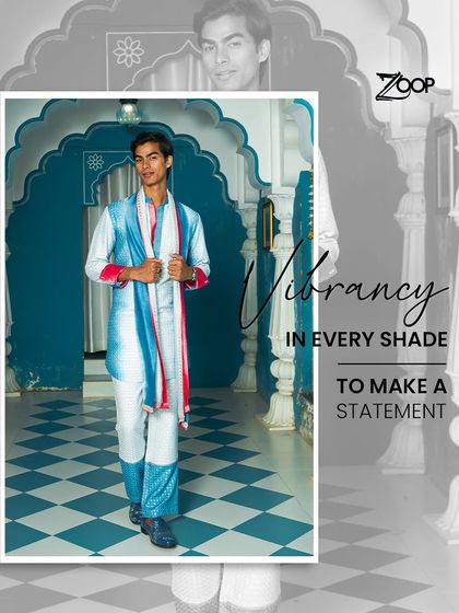 This outfit is all about vibrancy. The layered blue and red tie-dye effect kurta set is designed for the man who wants to make a bold and stylish statement.