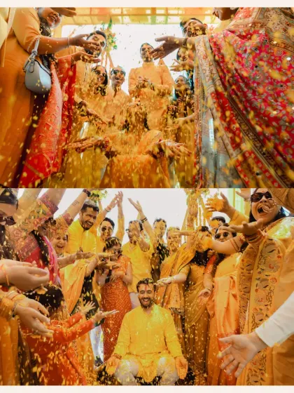 A collage of the groom and bride being showered with petals by their loved ones, capturing the high energy of the event.