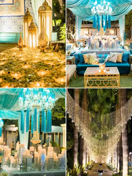 More details from the turquoise-themed event, including Moroccan-style lanterns, a walkway covered in flower petals, and a canopy of crystal strings.