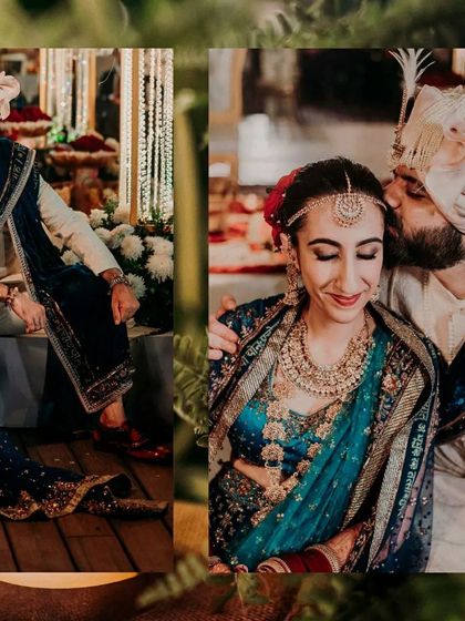 A collage showing the groom kissing his bride's forehead and another tender moment from their wedding.