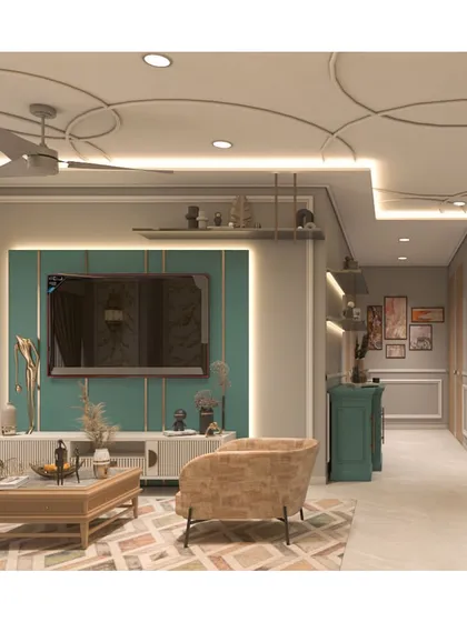 Another view of the Ghatkopar project render, showing the intricate ceiling design and a mix of vibrant colors and textures.