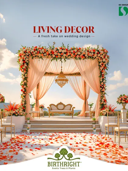 We offer a fresh take on wedding design with 'Living Decor'. This beautiful mandap is adorned with thousands of fresh flowers and living plants, creating a breathtaking and sustainable backdrop for a truly memorable celebration.