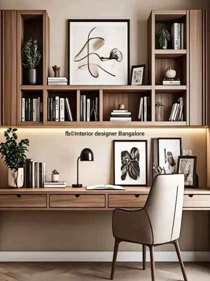 A beautifully organized and stylish home office setup. This study unit features ample overhead shelving, a spacious wooden desk with multiple drawers, and integrated under-cabinet lighting to create a productive and inspiring workspace.
