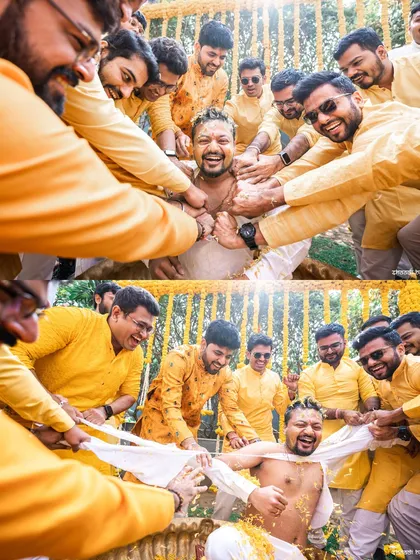 The groom's friends having a blast during his haldi. It's all about capturing the energy and camaraderie of the "team groom."
