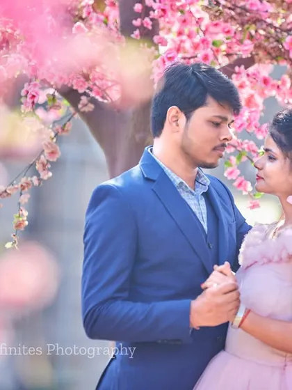 A close-up, romantic shot amidst the cherry blossoms, focusing on the couple's loving gaze and connection.