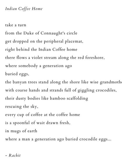 'Indian Coffee Home'. A poem that evokes the atmosphere of a specific place, blending past and present.