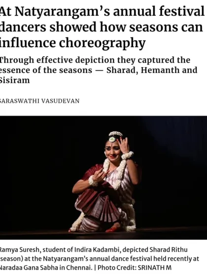 The headline from The Hindu's review of the Ritu Bharatham festival, where I presented "Sharad Rithu". It was an honor to be part of this thematic festival.