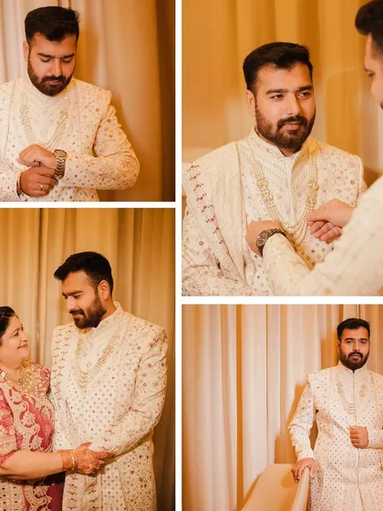 A collage dedicated to the groom's getting ready process. From adjusting his watch to sharing a tender moment with his mother, we document the important details and emotions before he steps out.