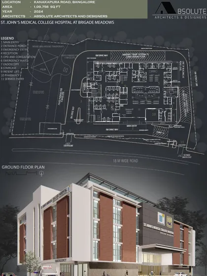 This is the architectural plan and 3D visualization for the St. John's Medical College Hospital. My process involves a complete, end-to-end solution, from the initial ground floor plan and structural design to the final building facade, ensuring every detail is mapped out for functionality and aesthetics.
