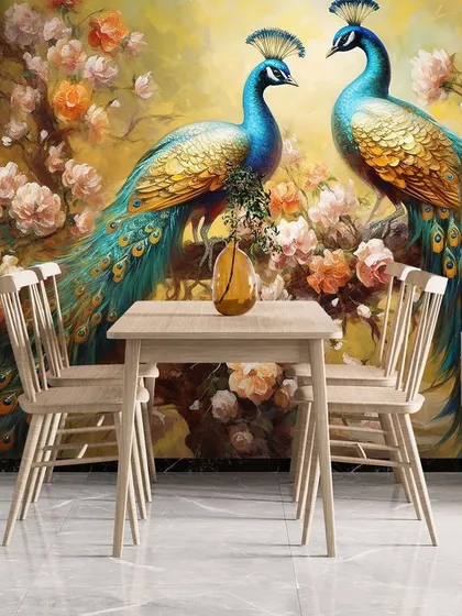 This dining room features a beautiful wallpaper of two peacocks amidst a floral background, creating a vibrant and elegant atmosphere.
