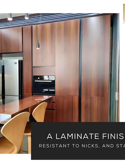 Laminate is a practical and durable finish that is resistant to scratches and stains, making it an excellent choice for busy family kitchens.
