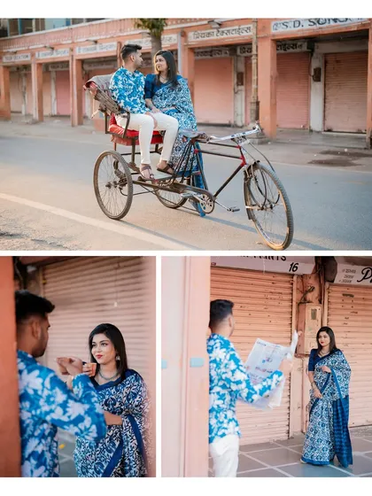Capturing the authentic charm of Jaipur with a fun cycle-rickshaw ride through the city streets. This pre-wedding photoshoot for Praveen and Chaithra shows how we blend iconic city life with your love story for candid and memorable pictures.