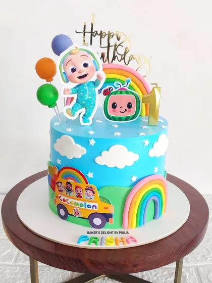 Wrapping up the year with this bright and cheerful Cocomelon cake for Prisha's first birthday. It's filled with rainbows, balloons, and all the familiar characters from the show.