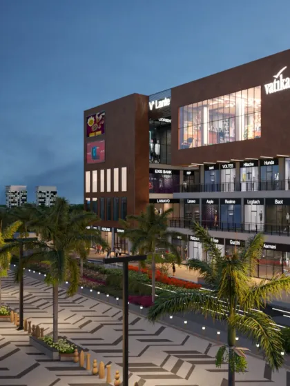 At V'lante in Gurugram, a central street lined with dynamic storefronts and social pockets forms the heart of the project. The design prioritizes high visibility and intuitive planning to create a landmark retail destination.