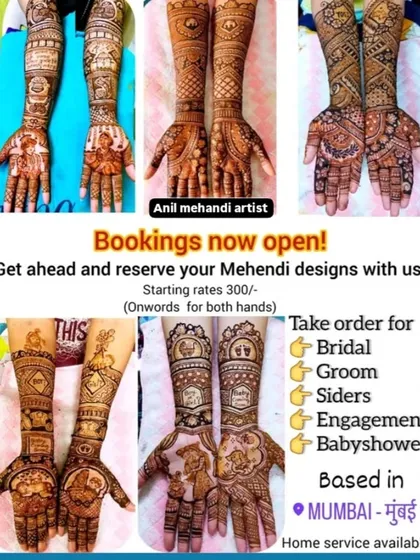 Bookings are now open for the wedding season. I offer mehandi for the bride, groom, siders, and for events like engagements and baby showers, with home service available across Mumbai.