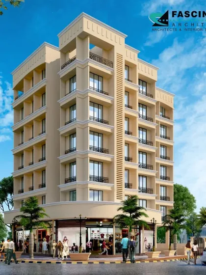A 3D render of "Krishna Aura," a completed residential project in Ulwe. The design features a classic, symmetrical facade with detailed window surrounds and a prominent cornice, creating a timeless and elegant appearance for its 24 flats and 7 shops.