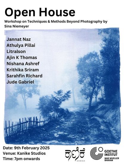 The poster for an Open House event, inviting the community to see the work created during a photography and cyanotype workshop.