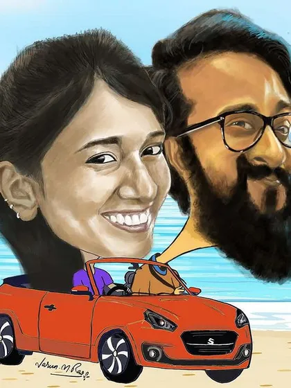 A perfect gift for couples, this digital caricature captures a happy moment with a fun, quirky twist. I worked from their photos to create this personalized scene, complete with their car and a beach background, ready for them to print and frame.