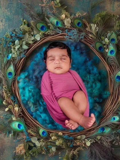 A newborn wrapped in pink, nestled in a wreath decorated with peacock feathers for a subtle Krishna theme.